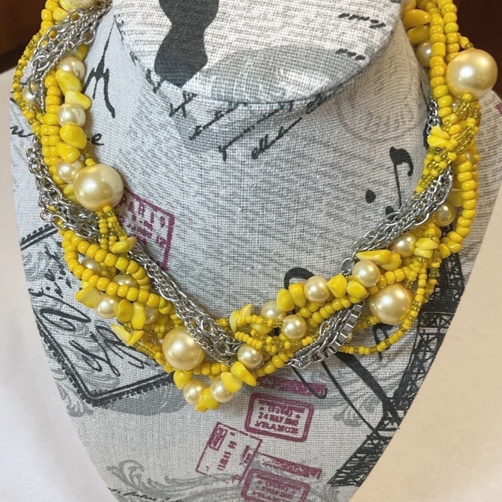 Bold Vintage Multi Strand Beaded Necklace Twisted Yellow Jewelry - Picture 3 of 6